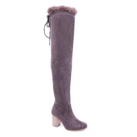 Bell - Faux Fur Trim Knee High Suede Boots